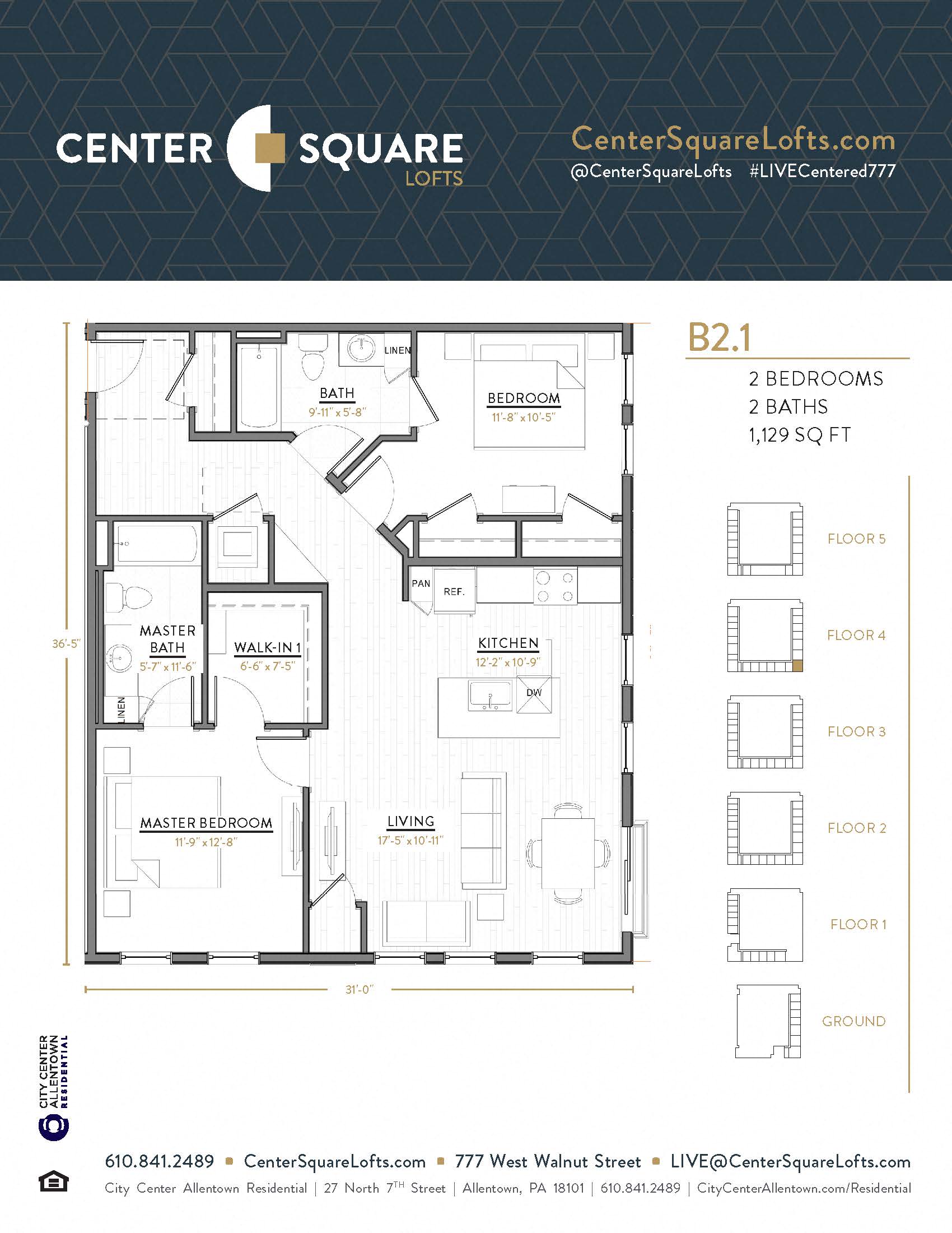 Floor plan for 2 beds, 2 baths, 1129 sqft